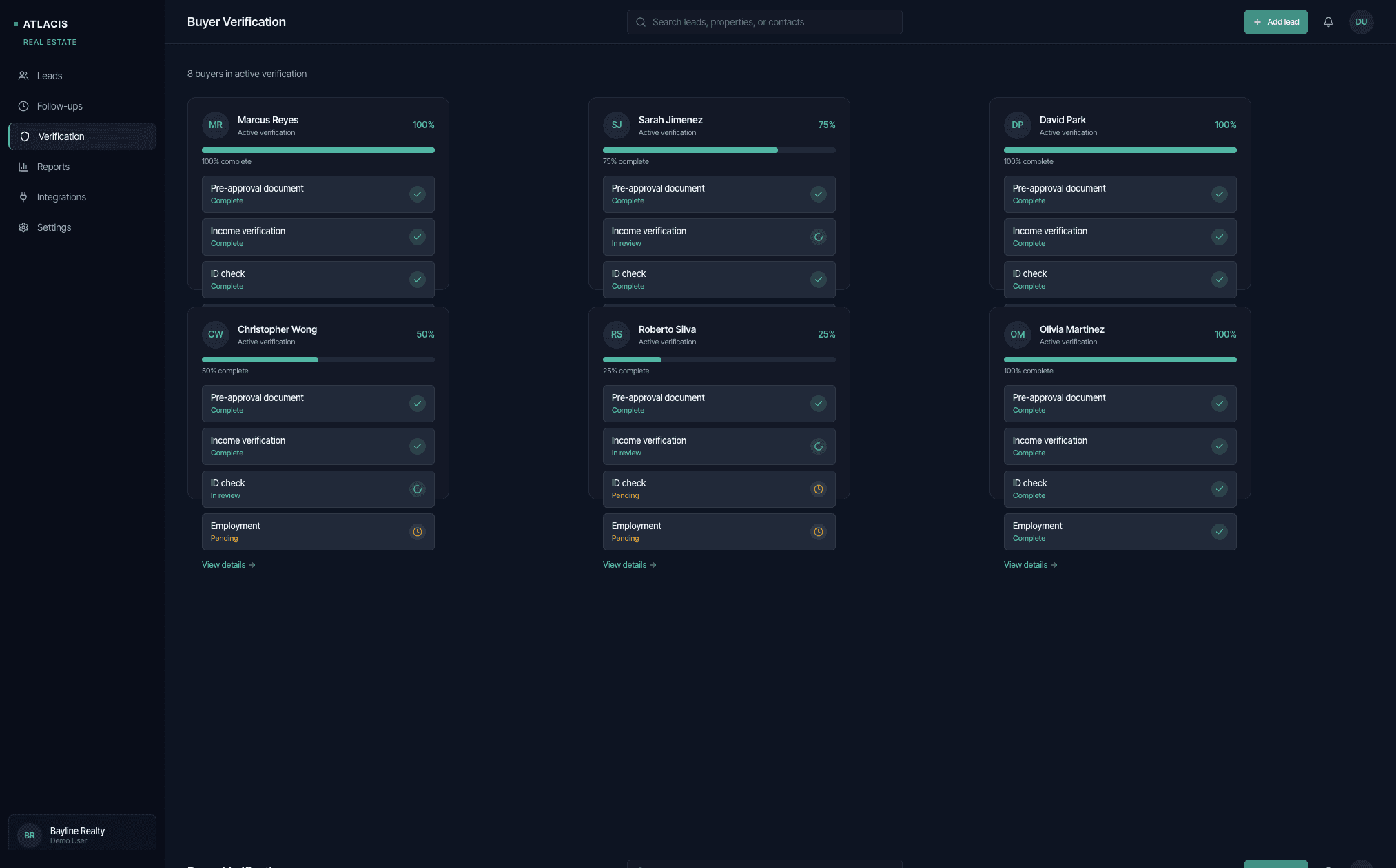 Buyer verification board with pre-approval, income, ID, and employment checks per lead