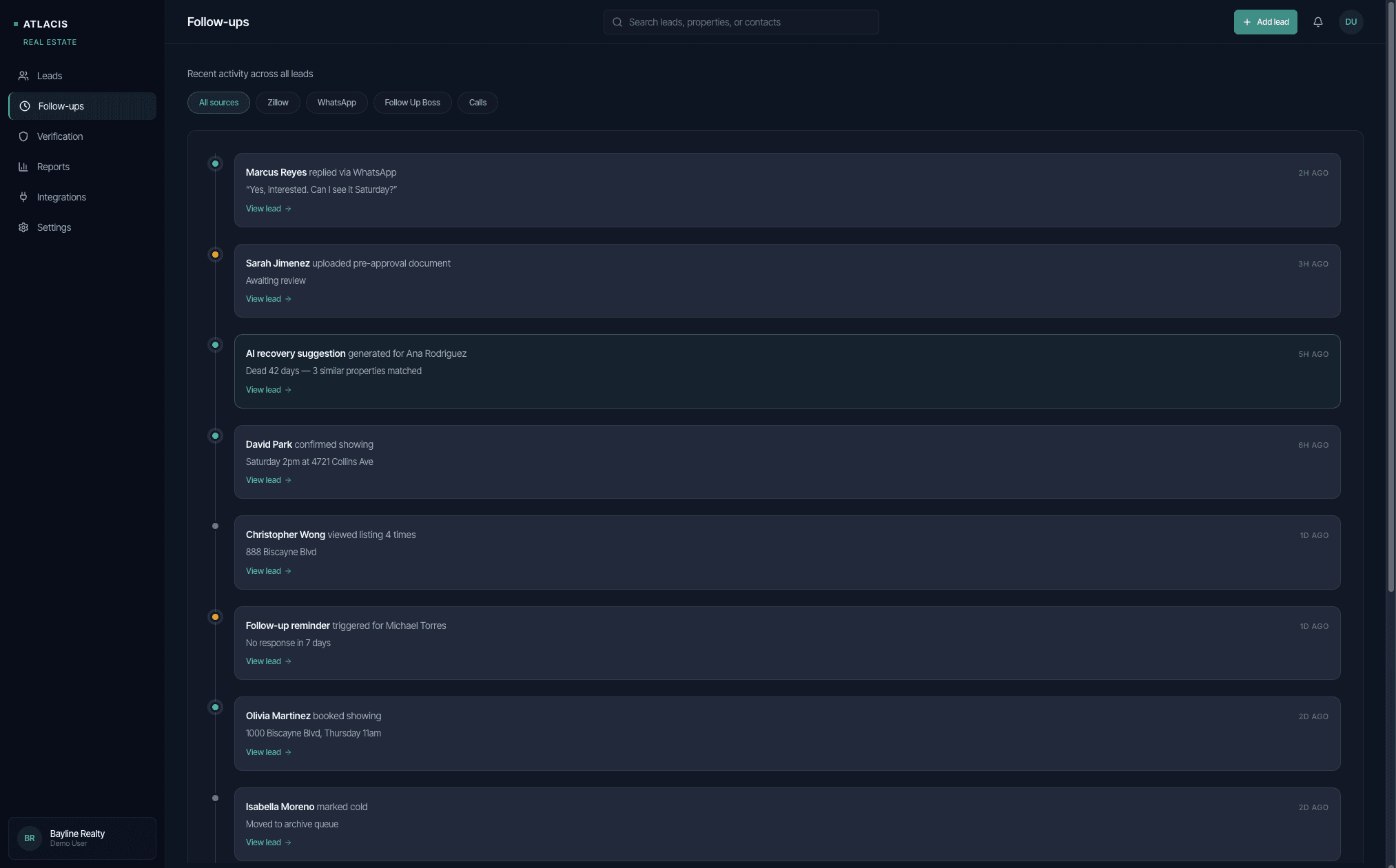 Follow-ups activity feed showing WhatsApp replies, document uploads, and AI recovery suggestions